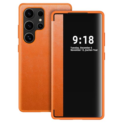 Image of Flip Case for Samsung Galaxy S25 Ultra Case S View, Frosted Translucent Window Clear View Folio Protective Phone Case, 360 Degree Full Body Shockproof Flip Cover Case for Samsung S25 Ultra 5G (Orange)
