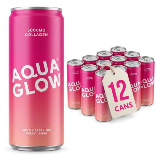 AQUA GLOW Sparkling Collagen Drink, Berry Crush, 5000mg VERISOL, 12 x 250ml | VERISOL bovine collagen, biotin, zinc, vitamin C & B complex, low sugar, gluten free, caffeine free
