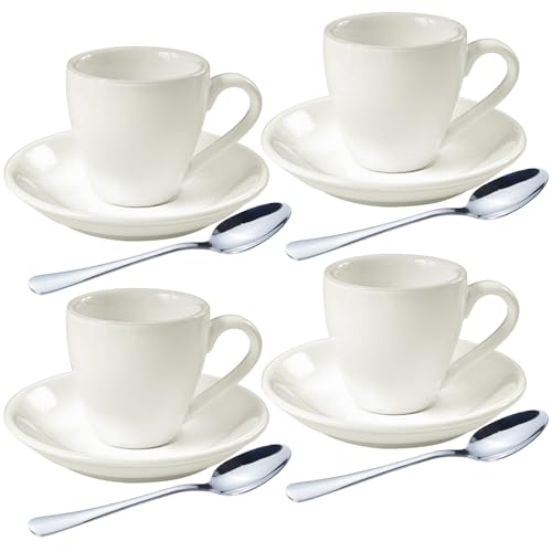 homEdge Espresso-Schnapsbecher-Set aus Porzellan mit Untertassen und Edelstahllöffeln, 80 ml, Weiß, 4 Stück