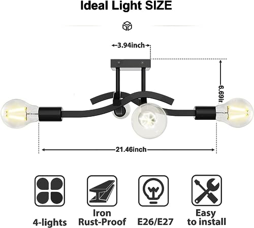 Ankishi Black 4-Lights Semi Flush Mount Ceiling Light, Modern Farmhouse Ceiling Light, E27 Base, Industrial Metal Matte Chandelier Ceiling Lamp for Living Room Dining Room Bedroom Study Kitchen