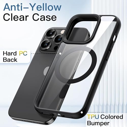 Image of Magnetic Case for iPhone 15 Pro Max 6.7-Inch Compatible with MagSafe, Shockproof Phone Bumper Cover, Solid Color Matte TPU Frame, Anti-Scratch Clear Back (Black)