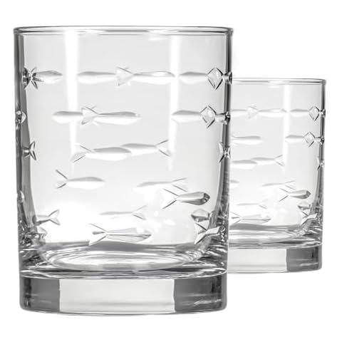 Rolf Glass School of Fish 13 oz Double Old Fashioned Whiskey Cocktail Glass | Set of 2 | Engraved Lead-free Tumbler Glasses | Made in the US Cover