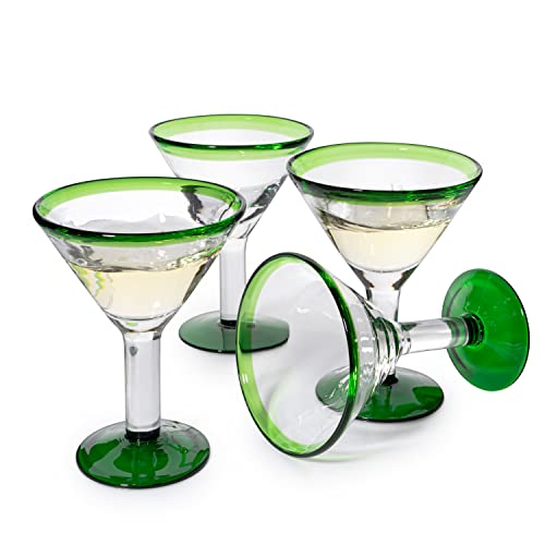 Mexican Hand Blown Martini & Margarita Glasses - Green Rim Detailed - Set Of 4-10Oz - Carmen Cinco De Mayo - Luxury Mexican Glassware Thick, Juice & Cocktail For Holidays & Celebration Confetti #TOP29