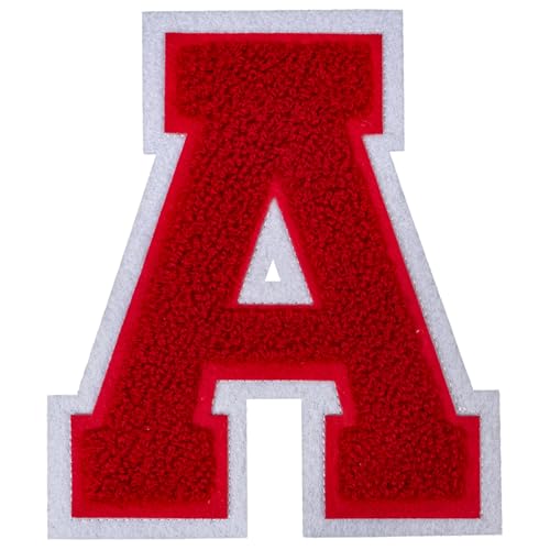 1 PCS 6 Inch Red Chenille Letters Patches - Iron On Varsity Alphabet, Large Letters for Clothing, Backpacks, Hats, Jeans with White Border (A)