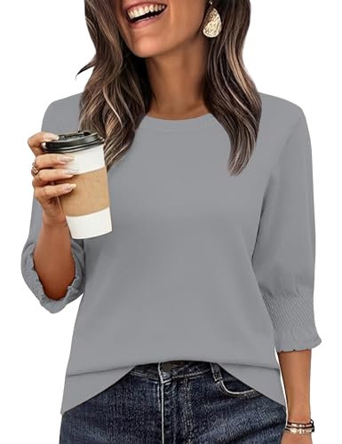 Totatuit Women 2026 Spring Lightweight Sweaters 3/4 Pleated Sleeve Knit Crew Neck Pullovers Sweater Casual Tops Grey X-Large