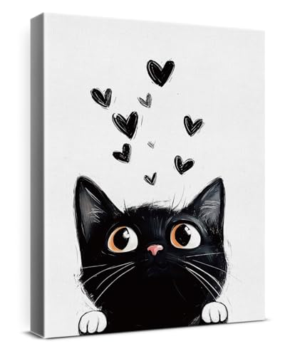 Cute Cartton Cat Canvas Wall Art Black Kitten Print Poster Framed Painting for Home Living Room Bedroom Wall Decor 11x15 Inch, Cat Lover Gifts