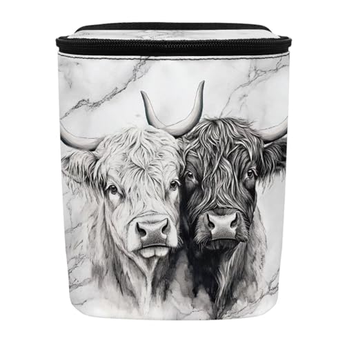 Image of Talayituse Highland Cattle Marble Print Car Trash Bin, Large Size Auto Trash Can Adjustable Portable Garbage Can with Lid, Vehicle Hanging Bag for Headrest Front Back Seat
