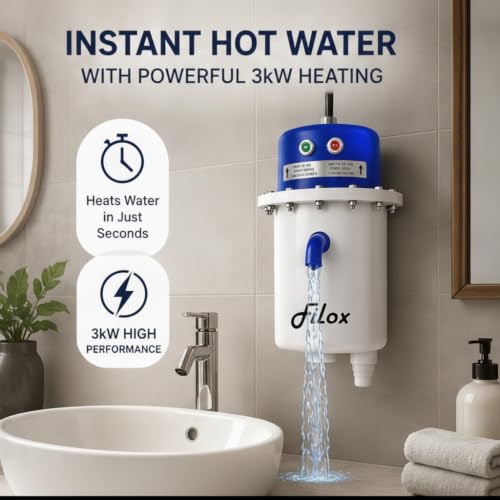 Image of Filox Instant Water Heater 1 Litre 3KW | Portable Mini Instant Electric Geyser | Copper Heating Element | Shockproof ABS Body | Auto Cut-Off Safety | Wall Mount Water Heater for Bathroom, Kitchen