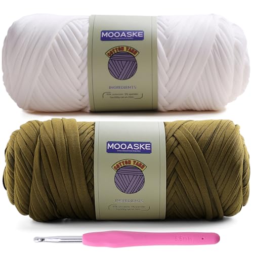 Image of Mooaske 2 Pack T-Shirt Crochet Yarn for DIY Knitting Crochet Cloth Blanket Bag Dolls - 400g Chunky Thick Yarn for Crocheting with Polyester-Spandex Blend Elastic Fabric (White+Dark Green)