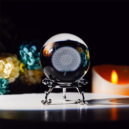 HDCRYSTALGIFTS 60mm Dandelion Crystal Ball with Stand Decorative Paperweight 3D Laser Engraved Glass Plant Full Sphere Novelty Home Decor Gift