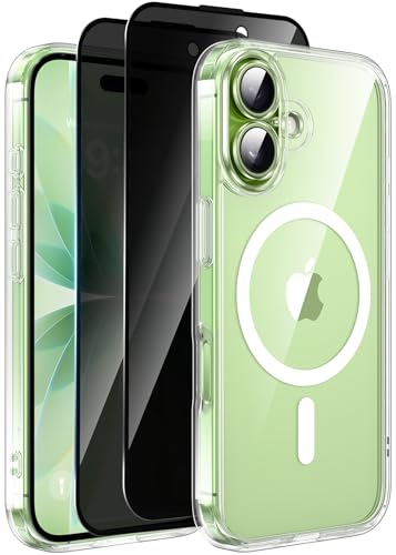 Helssitot Coque Magnétique pour iPhone 17 avec 2 Verre Trempé Anti-Espion,Compatible avec Mag Safe Militaire Étui Housse,Antichoc Antirayures Bumper Protection-Transparente