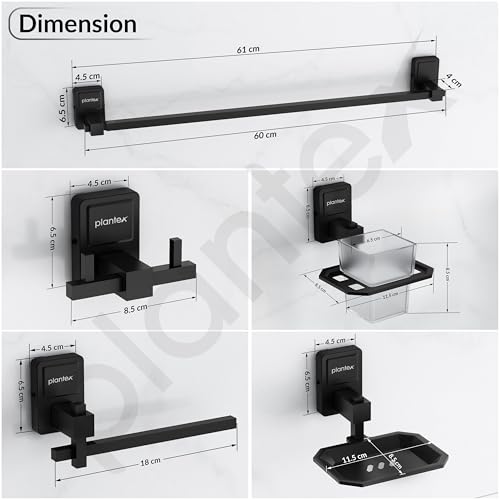 Image of Plantex 304 Grade Stainless Steel Bathroom Accessories Set of 5 - Towel Rod /Hand Napkin Hanger for Wash Basin /Soap Case /Toothbrush Holder /Robe Hook - Darcy (Black)