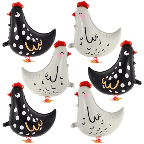 KINYFY 6 PCS Walking Chicken Balloons, Aluminum Foil Chicken Party Decorations White and Black Chicken Walking Balloons for Birthday Baby Shower Farm Animal Theme Party, 20 Inch