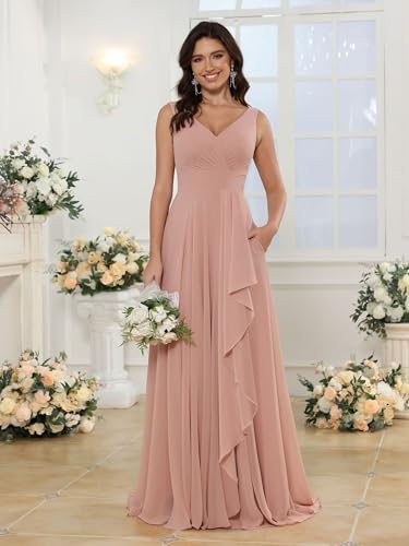 SYYS Double V Neck Bridesmaid Dress Long 2024 Flowy Chiffon Wedding Guest Dresses with Pockets SYYS4114