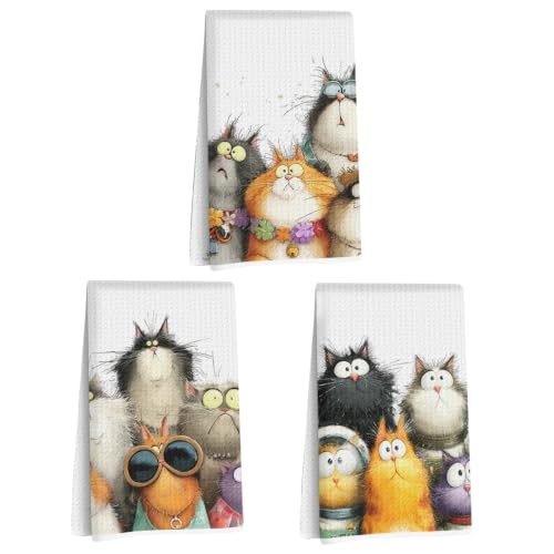 3 Pcs Cute Cat Kitchen Towels, Funny Cats Gifts Absorbent Hand Towels-01