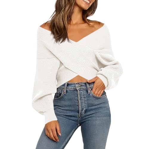 Off The Shoulder Sweater for Women Fall Fashion Sweater Scarf V Neck Cropped Sweaters Long Sleeve Wrap SweaterScarf2