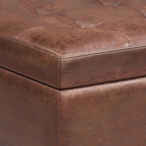 SIMPLIHOME Shay 34 inch Wide Mid Century Modern Small Rectangle Coffee Table Storage Ottoman in Distressed Saddle Brown Vegan Faux Leather, Assembled, For the Living Room, Entryway and Family Room