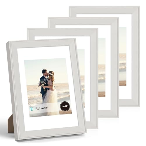 Image of iRahmen 8x12 Vintage Picture Frame with Mat 6x8 - High Definition Real Glass Wooden Photo Frames for Tabletop Display and Wall Mounting (Cream, Set of 4)