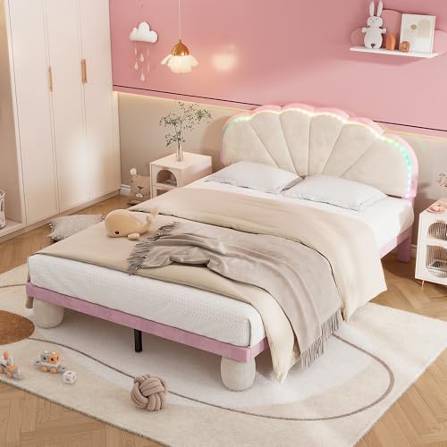 BTM Lit Enfant 140x190 cm, avec Tête de Lit en Forme de Ondulée et Bande LED, Cadre Lit Double Rembourré avec Sommier à Lattes, pour Adolescent, sans Matela
