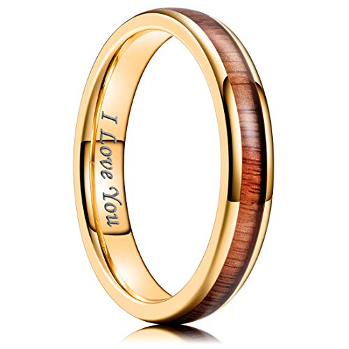 King Will Nature 4mm Rose Gold Domed Koa Wood Stainless Steel Ring Wedding Band High Polished6.5