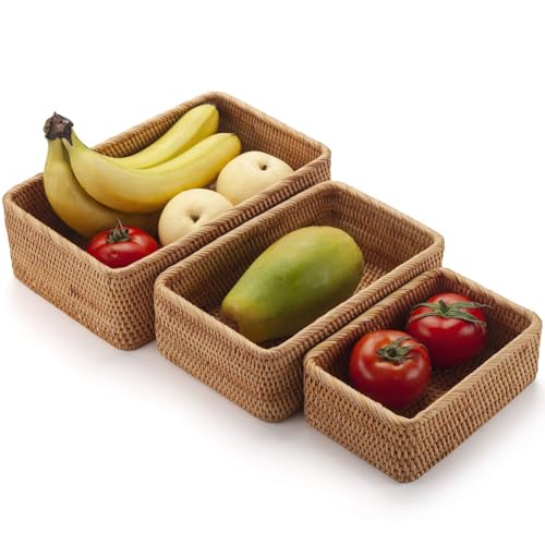 Rattan Storage Baskets, Wicker Baskets for Organizing, Hand Woven Decorative Box for Kitchen Counter, Living Room, Bathroom, Set of 3 (Rectangular) - Cosy Home Interiors Rattan Storage Baskets, Wicker Baskets for Organizing, Hand Woven Decorative Box for Kitchen Counter, Living Room, Bathroom, Set of 3 (Rectangular) - Image 8