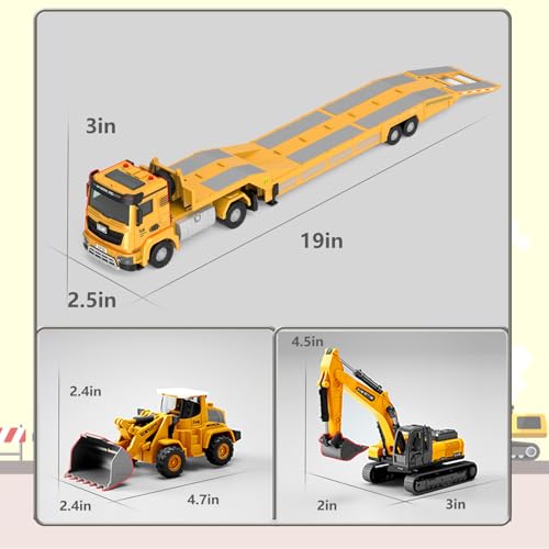Unimoly Alloy Die-Cast Construction Vehicles Toys Set w/Semi Truck, Excavator & Bulldozer - Real Lights & Sounds, Movable Parts - Learning Toys Gift for 3-7 Year Old Boys Girls - Image 4