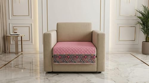 Image of Velvet Quilted Sofa Cover Mat Seat & Back, 1 Seater, L23in H32in, Baby Pink Color,Anti Skid Backing, 6in Hanging Strap Design, Washable Soft, Anti Slip, S, Style -BabyPink-S1