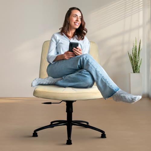 Image of CELLBELL Comfy Ergonomic Modern Accent Armchair Without Wheels in Soft Velvet Fabric for Home & Office Use | Cross Legged Back Support Chair with Adjustable Height, Recline & Metal Base (Beige)
