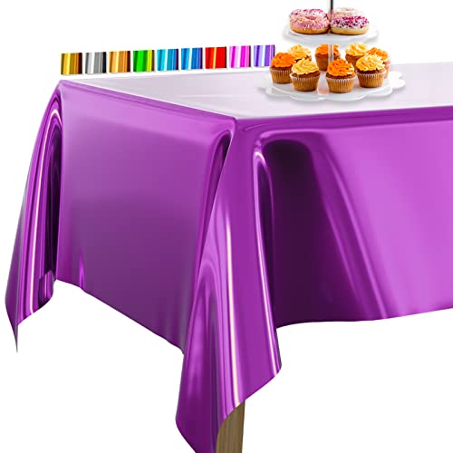 Image of PartyWoo Purple Foil Tablecloth, 3 Pack 54 x 108 Inch Rectangle Tablecloth, Foil Tablecloth for 6 to 8 Foot Table, Metallic Table Cover, Waterproof Table Cloth for Birthday, Wedding, Party