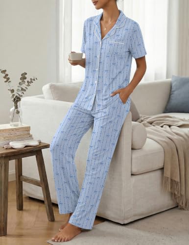 Image of Womens Pajamas Sets 2 Piece Button Up Pj Sets Short Sleeve with Long Pant