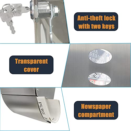 Pyoimmne Stainless Steel Mailbox, Large Capacity Wall-Mount Mailbox, Locking Mailbox With Key Lock, Modern Mailboxes For Outside With Newspaper Holder - Rust Proof, Waterproof, 16.2" X 12.1"X 5.1" #TOP4