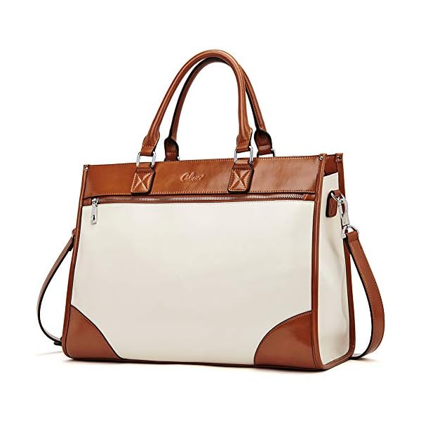 Womens Briefcase Oil Wax Leather Vintage 15.6 Inch Laptop Large Capacity Business Shoulder Bag Beige with Brown
