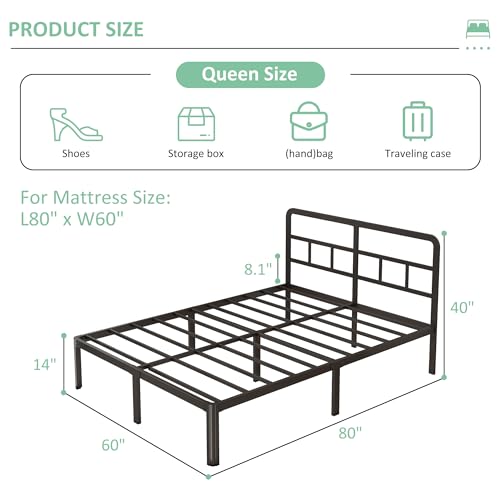 Yicensen 14 Inch Queen Bed Frame with Headboard, Heavy Duty Metal Queen Size Platform Bed Frame No Box Spring Needed with Rounded Corner Legs, Noise Free, Easy Assembly, Black