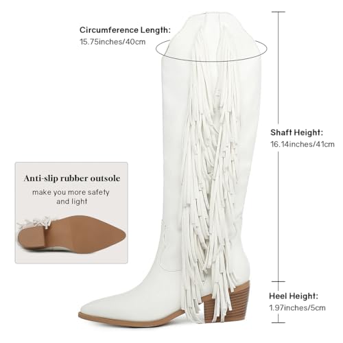 KiutSymo Cowgirl Fringe Boots For Women White Tassels Cowboy Boots Knee High Pointed Toe Western Boots2