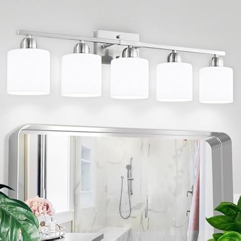 FAISHILAN 5-Light Bathroom Light Fixtures, Brushed Nickel Bathroom Vanity Light with Milky White Frosted Glass Shade, Brushed Nickel Vanity Lights for Bathroom Mirror, Bedroom, Living Room, E26 Base Cover