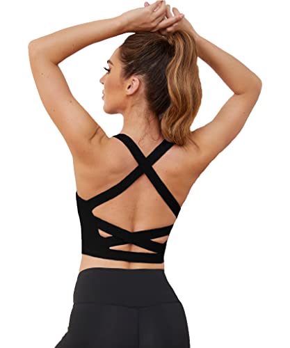 Strappy Workout Tops For Women Sports Bras For Women Longline Criss-Cross Back Yoga Bra Medium Support Workout Crop Top Tank Tops For Girls With Removable Cups (Small, Wl-Black) #TOP3
