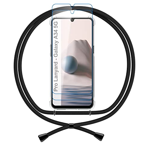 Cover Cordino Compatibile con Samsung Galaxy A34 Custodia Collana Vetro Temperato Trasparente Morbido Regolabile Antiurto Case silicone tpu nero