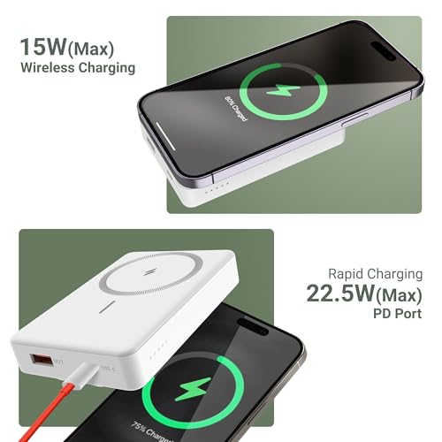 Image of ZEBRONICS MW70 Wireless Power Bank, 10000 mAh, Rapid Charge, Magsafe Compatible, Outputs - 22.5W Wired | 15W Wireless, Type C PD Input & Output, USB Output, Built in Stand, Made in India (White)