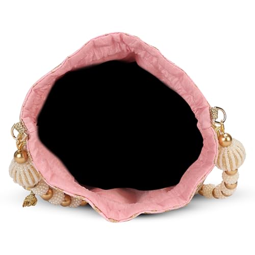Image of LONGING TO BUY Indian Embroidered Pearl Potli Bag For Women, Sequence Design with Tassel, Wedding Potli Bags