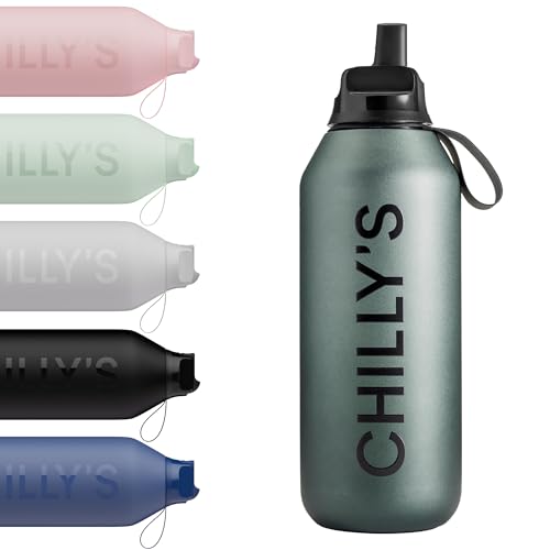 Chilly's Botella de agua Serie 2 Flip con Tapa Deportiva - Botella de Acero Inoxidable con Aislamiento al Vacío, Pajita, Asa de Transporte y Cepillo de Limpieza - Sin Sudor - 500ml - Ombre, Slate