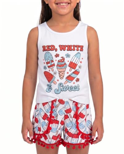 Image of Unique Baby Girls Toddler Big Kid Sleeveless Tank with Pom Pom 2pc Shorts Set Outfit