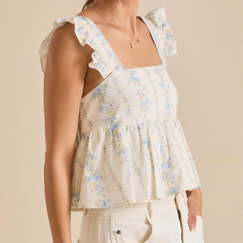 Women Babydoll Floral Tank Top Flower Print Ruffle Strap Sleeveless Peplum Shirt Flutter Sleeve Square Neck Cami Top2