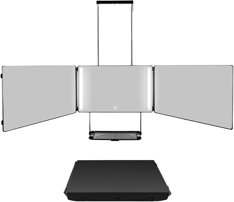 Espelho de maquiagem GOQELK de 3 faces com iluminação LED, prateleira e acabamento preto fosco