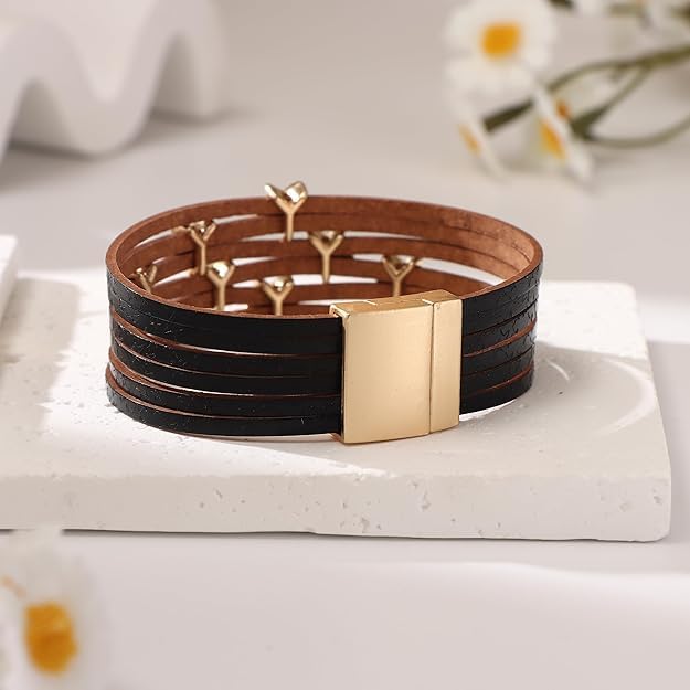 Women's PU Leather Multi-layer Buckle Wide Wristband Bracelet Female Leather Bracelet Star Accessories Bracelet - Image 4