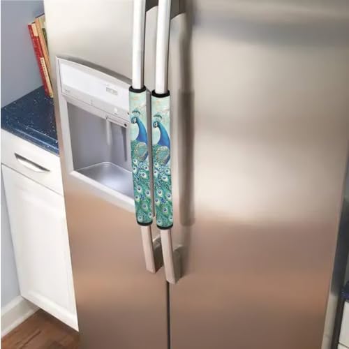 Image of Appliance Door Handle Covers Set of 6 Refrigerator Handle Cover Anti-Skid Microwave Door Handle Protector Keep Off Oil Stains, Fingerprints, Peacock Flower Green Blue