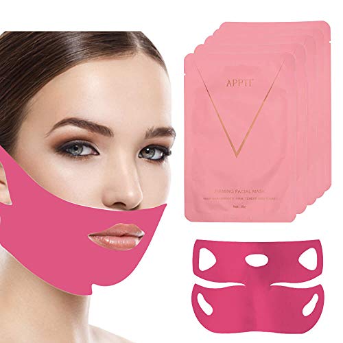 5Pcs 4D Double V Line Shaped Slimming Contour Face Mask Rosa Rugosa Moisturizing Firming Facial Tape Lifting Chin Up Jawline Neck Patch Anti Sagging Sheet Double Chin Reducer Band Tightening Neck Mask
