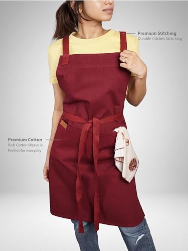 Image of Kitchen Apron - 100% Cotton, Adjustable Neck strap, Large Pocket - Unisex Apron for Men & Women - Cooking, Baking, BBQ, Gardening - Solid Colours, Striped and Checkered Patterns