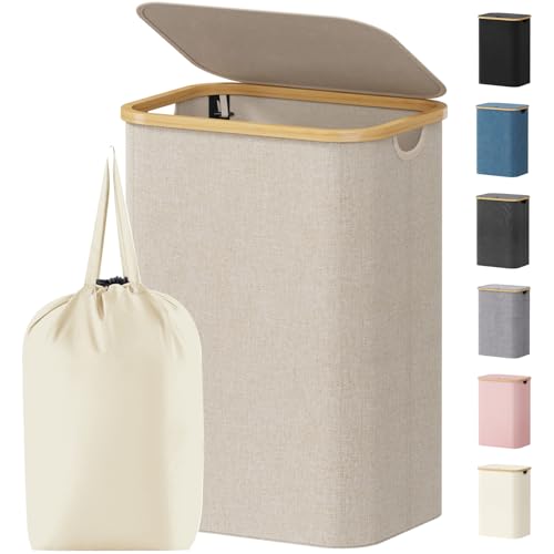 Image of Lifewit 80L Laundry Basket with Lid, Clothes Hampers for Laundry with Bamboo Handles and 1 Removable Bag, Large Foldable Laundry Hamper for Bedroom, Bathroom, Dorm, Laundry Room, Beige