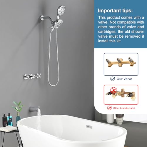 Image of 3 Handle Shower Faucet Set with Tub Spout Bathtub Shower Faucet Combo Set Shower System Complete Tub and Shower Trim Kit Chrome Polished Wall Mounted Shower Fixtures