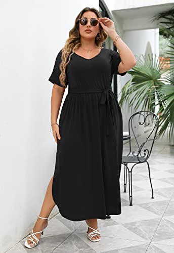 Image of Nemidor Womens Casual Plus Size Tie Waist Slit Long Maxi Dress with Pockets NEM313